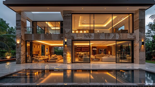A modern luxury home’s tranquil reflection in a still pool