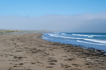 A long empty unspoiled sandy beach with rolling calm waves rolling onshore. There are patches of seaweed on the sand. The sky is blue with a large fog bank. The beach is scenic, hazy, and moody.