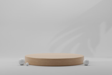 wooden cylinder pedestal decorated with white sheres against white background. soft lgiht, 3d illustration background for peoduct presentation.