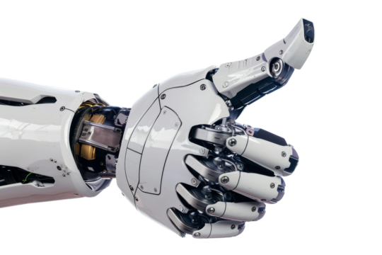 A robotic hand with a thumbs up is shown on a white background