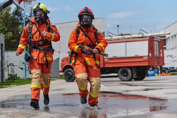 Firefighter Team Training with Various Tools in Professional Gear