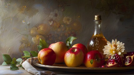 Rosh hashana jewish holiday concept - apples, honey, pomegranat