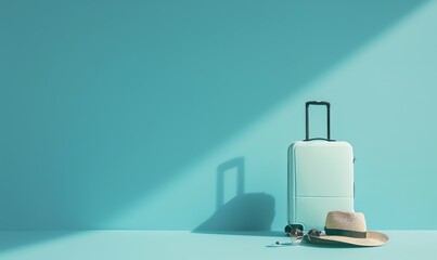 Travel concept minimal with blue suitcase, sun glasses, hat, and camera. 3D rendering.