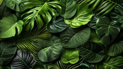 A composition of exotic green leaves with bold shapes, arranged artistically to form a natural abstract