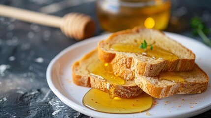 toster bread with honey on the white plate on breackfast table