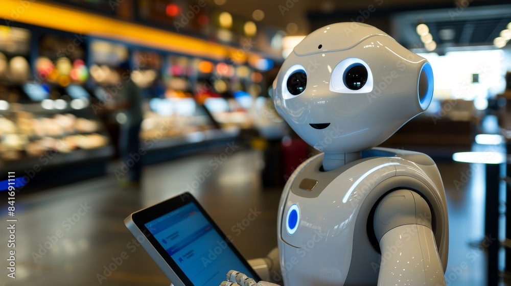 Poster cheerful customer service robot using computer in blurred office background with space for text