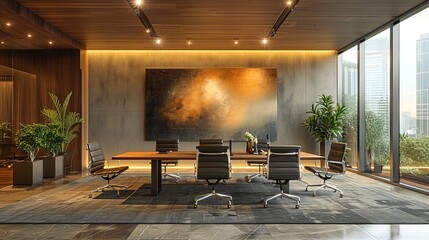 Sophisticated office meeting space with comfortable seating and stylish interior