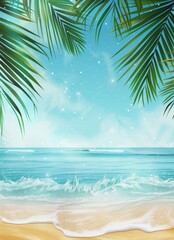 Fototapeta premium Summer background, landscape of a tropical golden beach with rays of sun and leaf palms. Close-up of golden sand beach, blue sky, white clouds. Summer vacation concept.