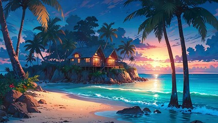 4K looping video shows a twilight tropical beach with palm trees, a small island house, a pink and blue sunset, and bioluminescent waves. It captures the serene beauty of a tropical paradise. - Powered by Adobe