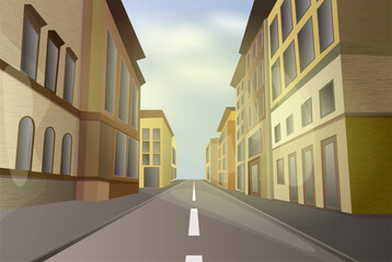 Deserted city street with buildings. Summer architernity background.