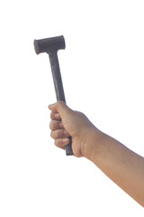 Hand with old hammer Isolated on white background