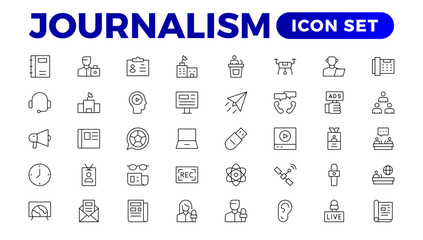 Set of Journalism icons. Containing journalist, news, newspaper and radio. Solid icons collection. Outline News symbol collection.