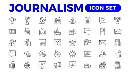 Set of Journalism icons. Containing journalist, news, newspaper and radio. Solid icons collection. Outline News symbol collection.