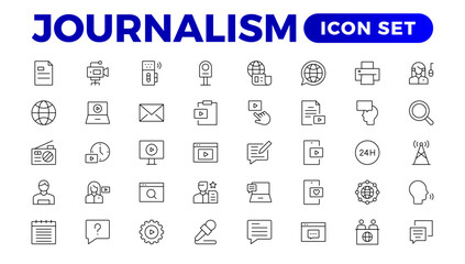 Set of Journalism icons. Containing journalist, news, newspaper and radio. Solid icons collection. Outline News symbol collection.