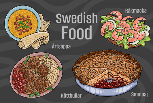 Popular Swedish National Cuisine Set. Hand-drawn vector illustration on a dark background.