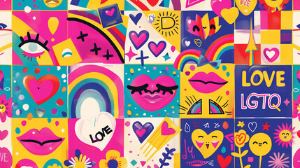 Colorful Patchwork of LGBTQ Love Symbols and Artistic Expressions