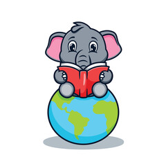 cartoon illustration design of a cute and kawaii elephant reading a book on planet earth