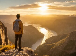 Fototapeta premium Man standing on top of cliff at sunset 