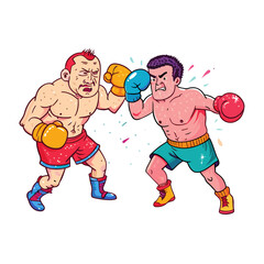 two boxers fight on a white background, one throws the other