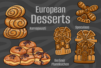 Popular desserts and sweets of European cuisines. Hand-drawn vector illustration