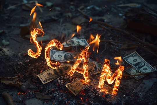 Burning money, showcasing investment scam.