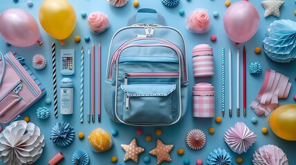 A top view of a festive-themed backpack with decorations like balloons, streamers, and school supplies, neatly arranged with clear copy space in the center.