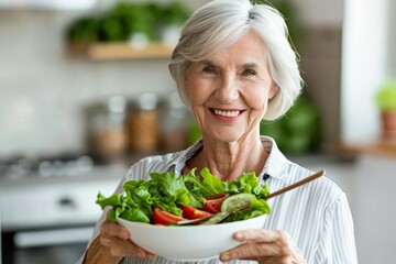 Smiling aged woman holding a healthy vegetable salad bowl in a cozy kitchen environment