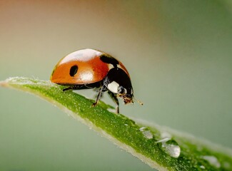 Ladybug insect on green leaf macro photography