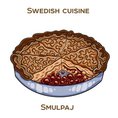 Smulpaj - A Swedish crumble pie made with a fruit filling and a crispy crumble topping. Hand-drawn vector illustration