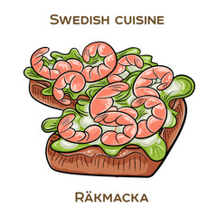 Råkmacka - a traditional Swedish open-faced sandwich with a generous serving of juicy shrimp on a slice of bread with butter. Hand-drawn vector illustration.