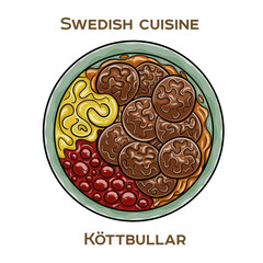 Köttbullar. Popular a Swedish dish. The meatballs of beef and pork. Hand-drawn vector illustration