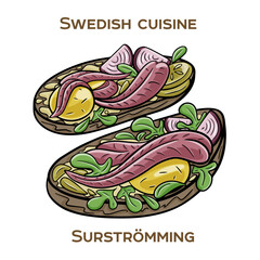 Surströmming is a notorious Swedish delicacy consisting of fermented Baltic Sea herring. Hand-drawn vector illustration