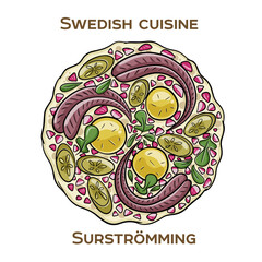 Surströmming is a notorious Swedish delicacy consisting of fermented Baltic Sea herring. Hand-drawn vector illustration