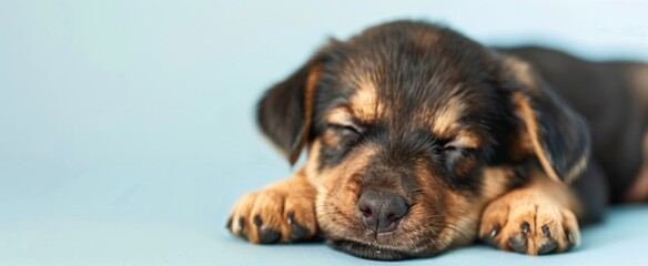Fototapeta premium Sleeping Black and Tan Puppy on Blue Background
