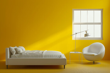 A fully visible single bed, a sleek white chair, a sleek table with a lamp, and a modern window, set against a striking solid yellow background, creating a cozy and inviting space.
