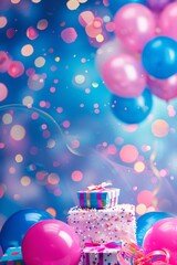 Pink and blue balloons surrounding a gift on a birthday cake with a blurred background