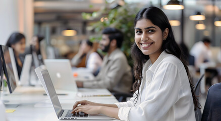 A young indian business people team sitting at a table using computers and having a meeting