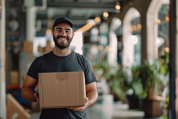 Fototapeta premium A delivery man in a modern warehouse smiles while holding a package, demonstrating efficient logistics. He is part of a professional team in uniform, ensuring smooth onsite operations