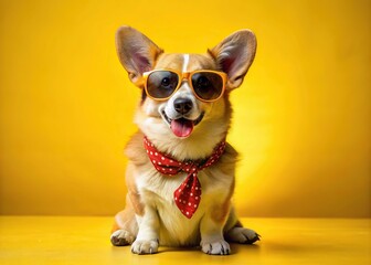 Summer corgi dog wearing yellow sunglasses and neckerchief, looking at blank empty copy space, over yellow background, cute, adorable, pet, canine, animal, sunglasses, fashion, summer