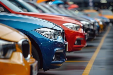 A line of vibrant modern vehicles in varied metallic colors parked neatly in an urban dealership lot, including blue, red, orange, and yellow cars, showcasing a range of new models