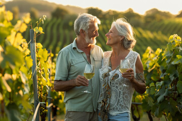 a Caucasian retired couple tasting wine at a vineyard