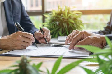 Businessman reading documents at a meeting, business partner considering contract terms before signing, and checking contract law conditions before signing