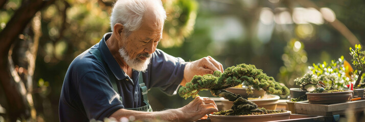 a Caucasian retired man creating a bonsai garden in his backyard