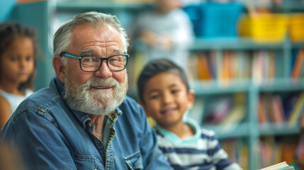a Caucasian retired man volunteering as a reading tutor at a local school