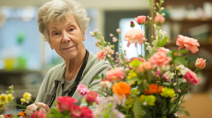 a Caucasian retired woman attending a flower arranging class