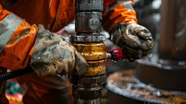 A closeup of a worker repairing a damaged oil well casing using specialized welding equipment.