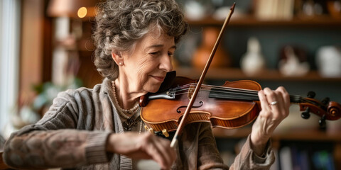 Fototapeta premium a Caucasian retired woman learning to play the violin