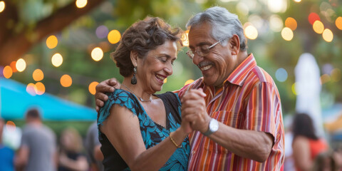 a Hispanic retired couple salsa dancing at a local festival