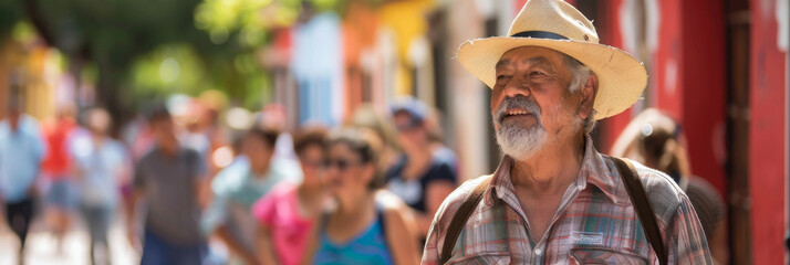 a Hispanic retired man leading a local historical tour