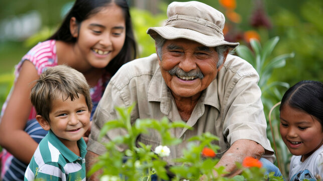 a Hispanic retired man gardening with his grandchildren